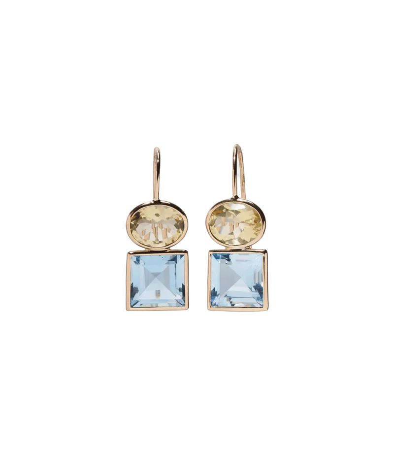 14k Gold Duo Earrings in Lemon Quartz and Sky Blue Topaz