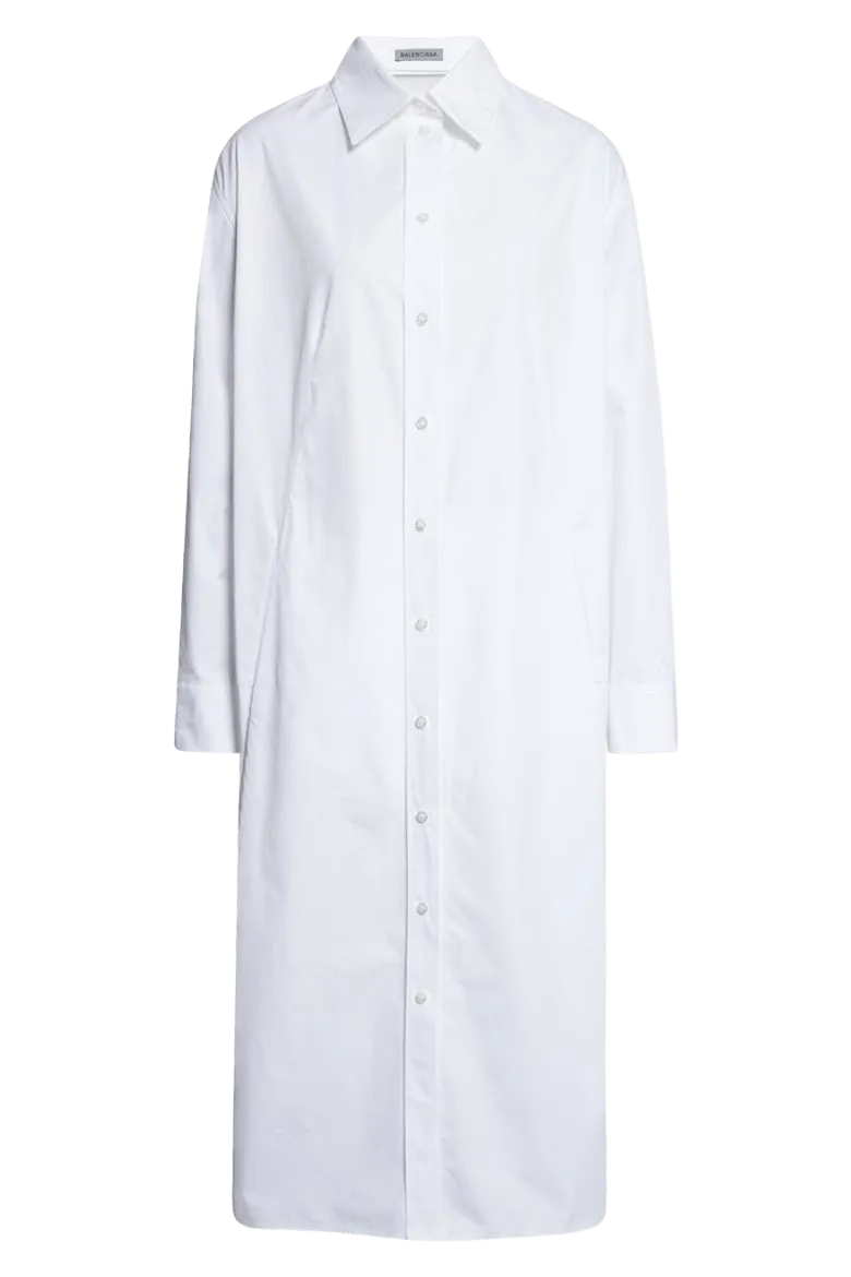 Draped Back Long Sleeve Cotton Poplin Shirtdress