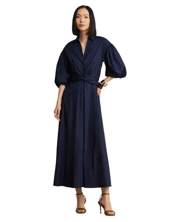 Twist-Front Bubble-Sleeve Shirtdress