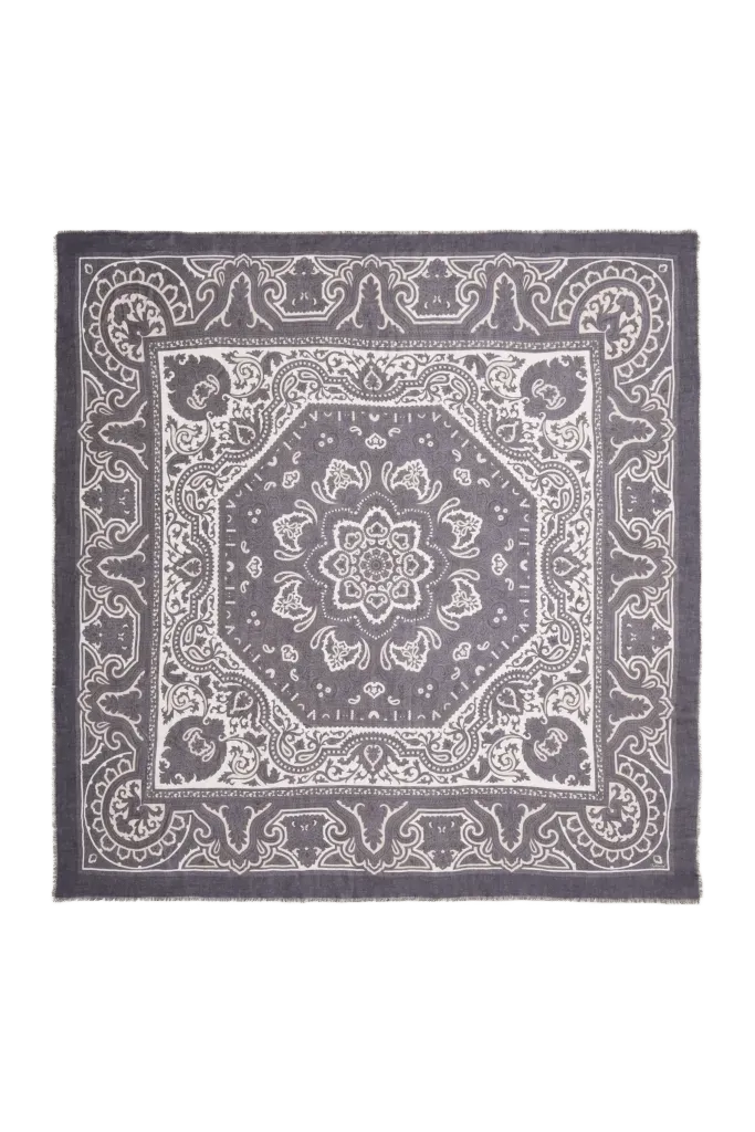 Navy Bandana Silk Cashmere Blend Large Scarf