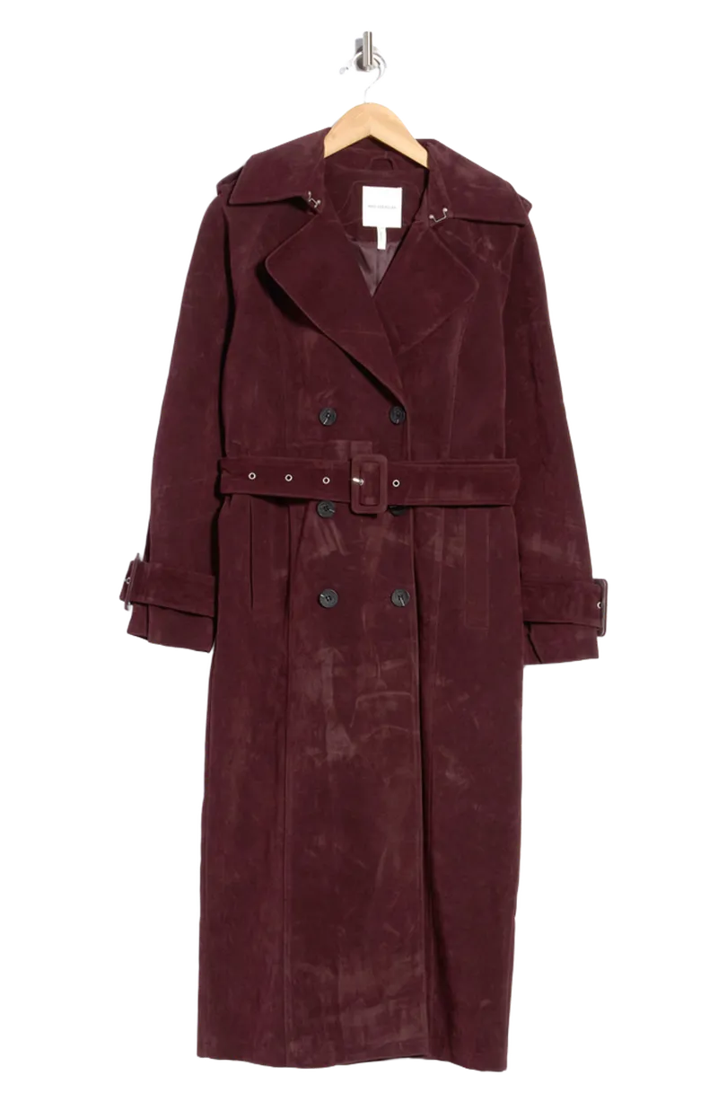 Faux Suede Double Breasted Midi Trench Coat