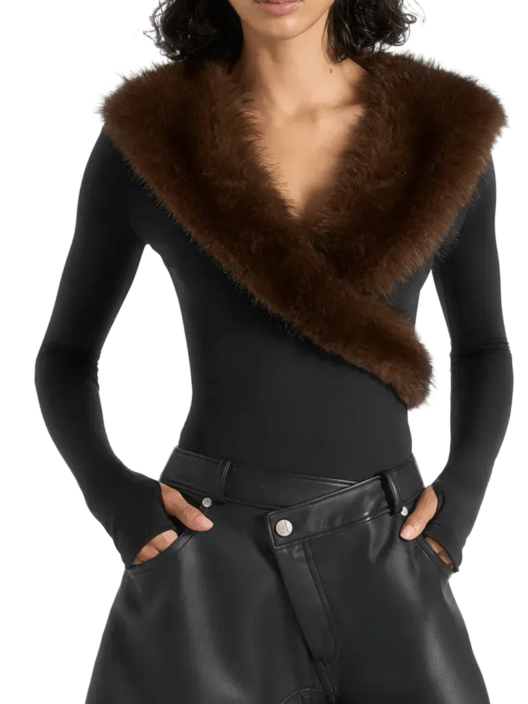 Libby in black/brown fur collar long sleeve bodysuit