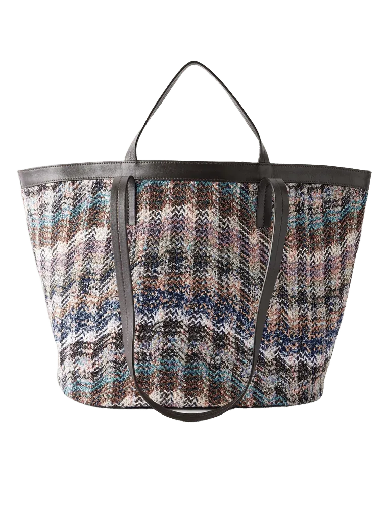 Trapezoid medium leather-trimmed metallic crochet-knit tote - purple - One Size
