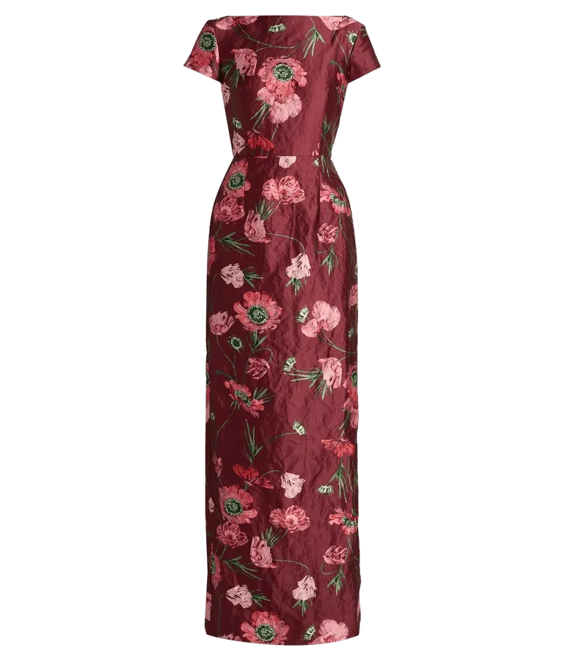 Floral Textured Satin Short Sleeve Gown