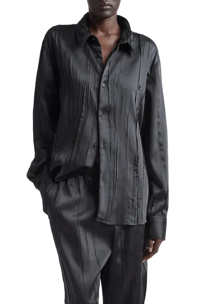 Oversize Crinkled Satin Button-Up Shirt