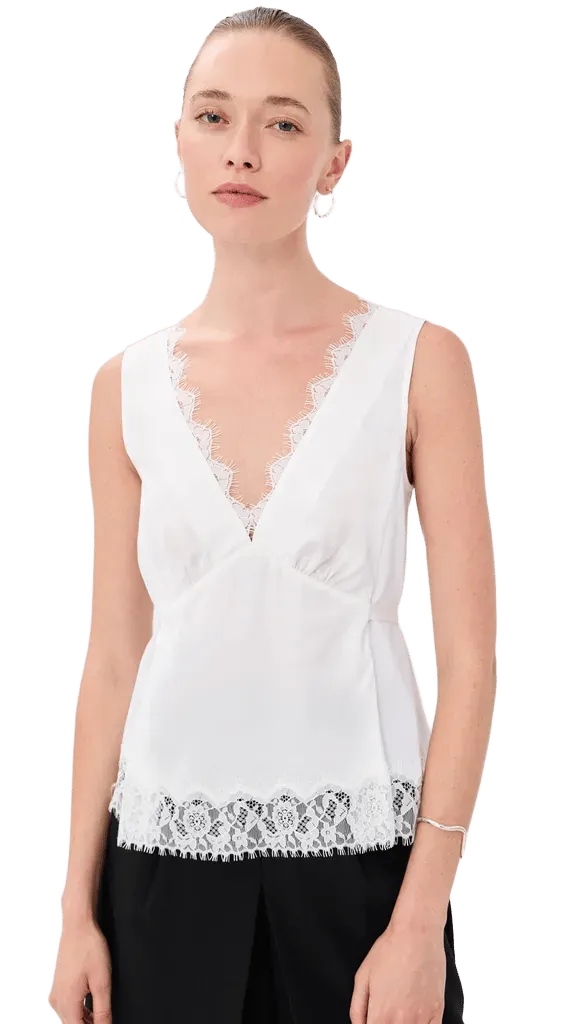 Sleeveless Satin V Neck with Lace Trim