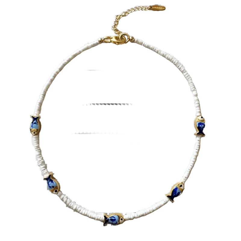 White Heishi Blue Fish Necklace