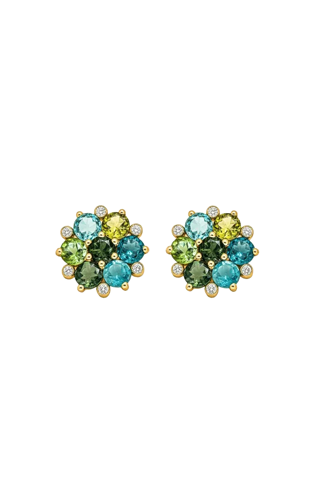 18k Yellow Gold & Green Happy Flower Stud Earrings