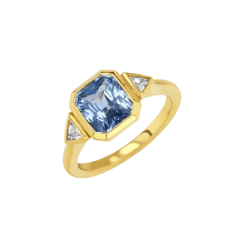 Sapphire and Diamond Trillion Three Stone Engagement Ring
