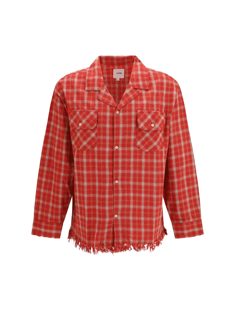 Found Raw-Cut Fringe Plaid Shirt — Red