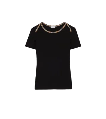 Check Trim Stretch Cotton T-shirt in Black - Women | Burberry Official