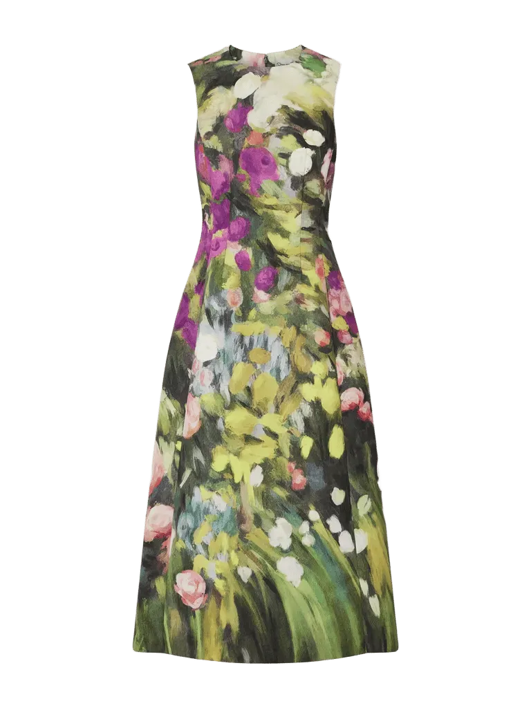Darted floral-print faille midi dress
