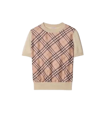 Check Panel Wool Silk T-shirt