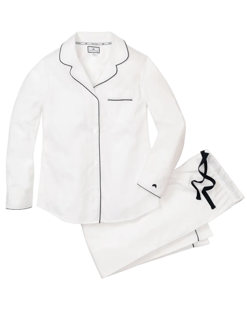 Women's Twill Pajama Set in White with Navy Piping