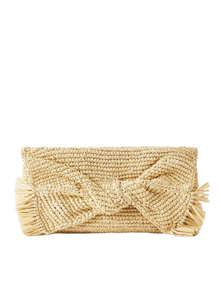 Bow leather-trimmed raffia clutch - sand - One Size