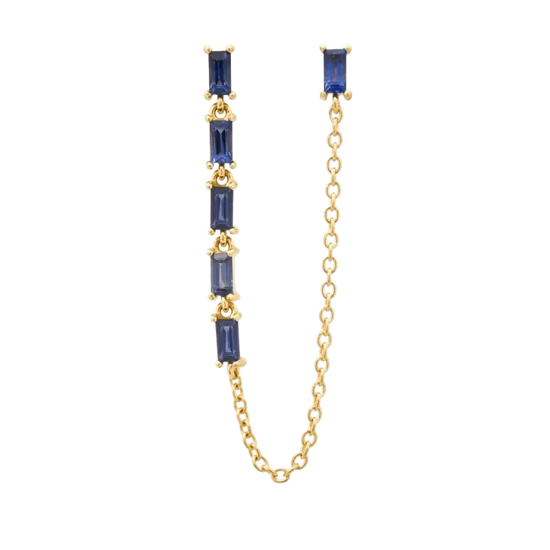 Blue Sapphire Baguette Link and Chain Stud