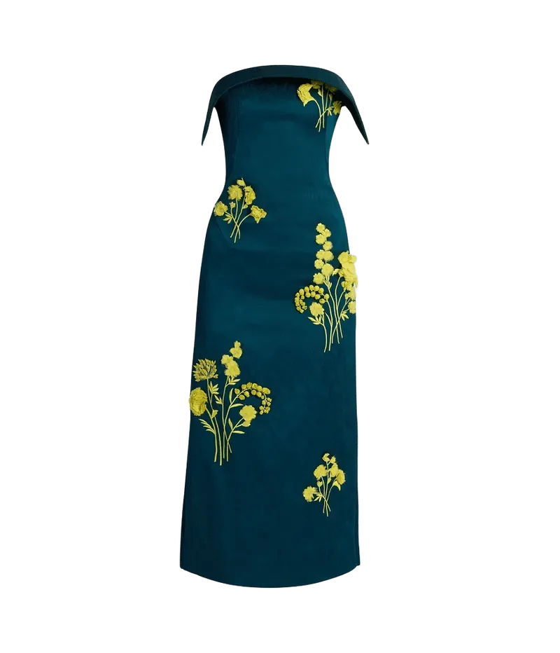 Embroidered Textured Satin Midi Pencil Dress