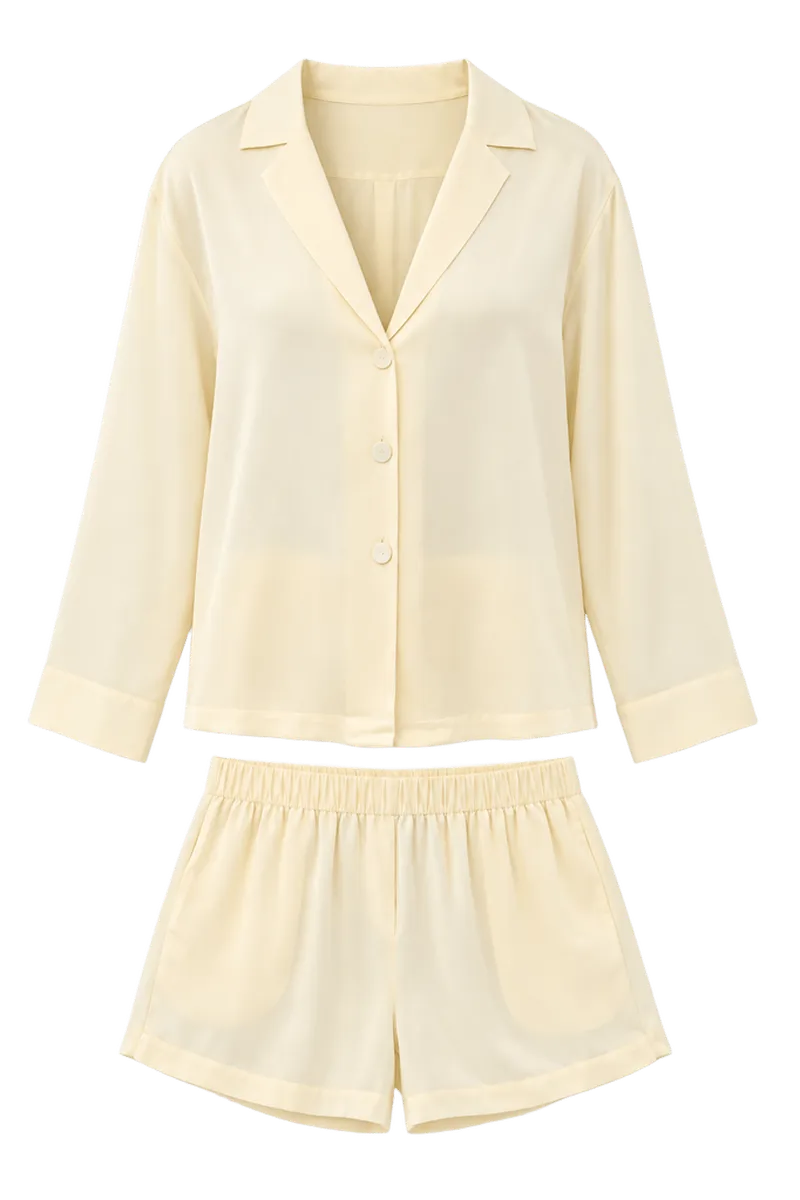 Washable Silk Button Up and Shorts Pajama Set