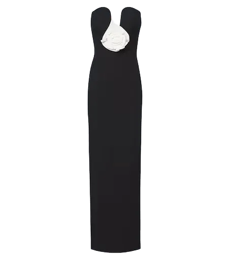 Floral-appliqué crêpe bustier gown