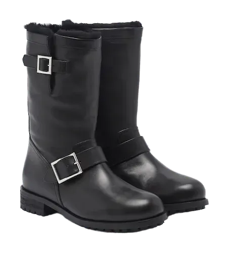 Biker shearling-lined leather mid-calf boots