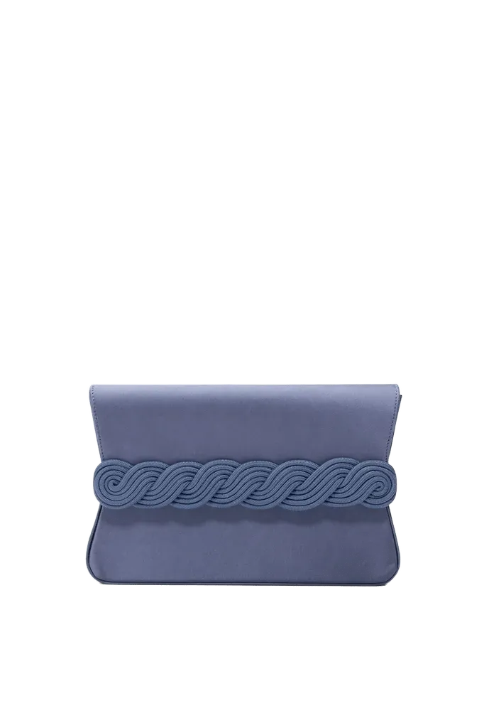 Storm blue satin clutch with braided passementerie