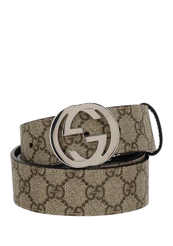 Gucci Logo-Engraved Buckle GG Monogram Belt — Beige