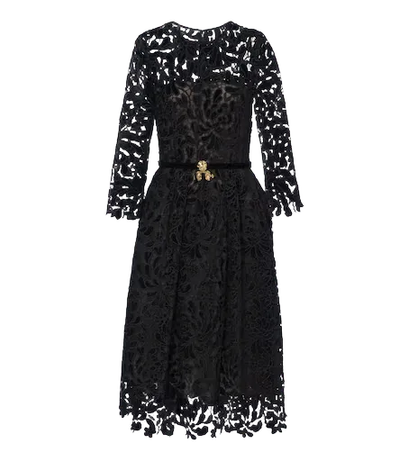Belted guipure lace midi dress