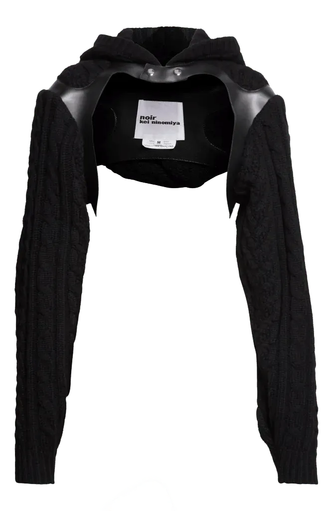 Cable Knit Shetland Wool Hooded Bolero with Faux Leather Harness