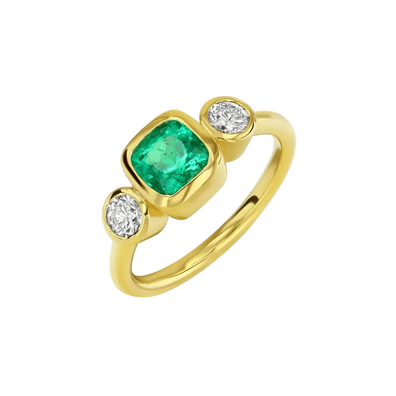 1ct Muzo Emerald and Diamond Three Stone Bezel Ring