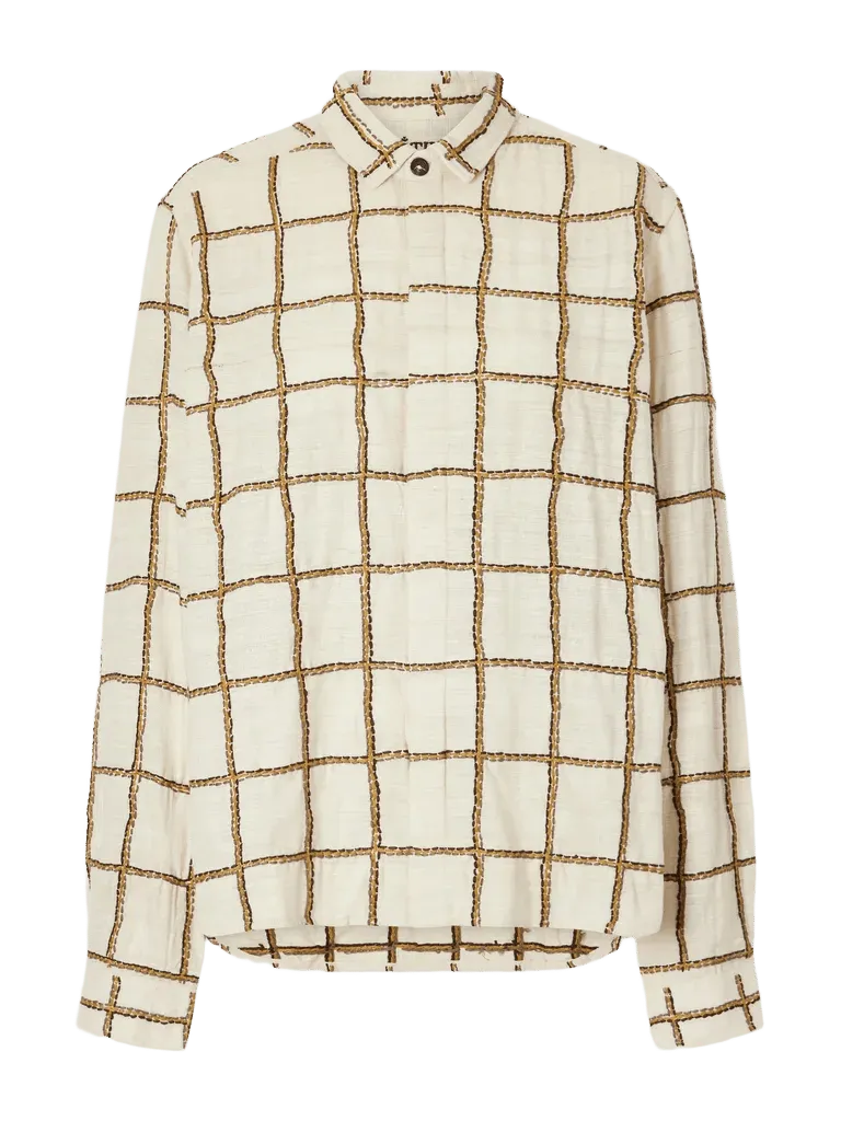 Grid-embroidered woven silk shirt