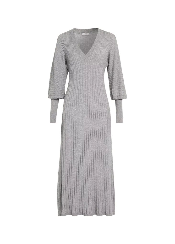 Brunello Cucinelli Sparkle Cashmere Rib Long-Sleeve Midi Dress