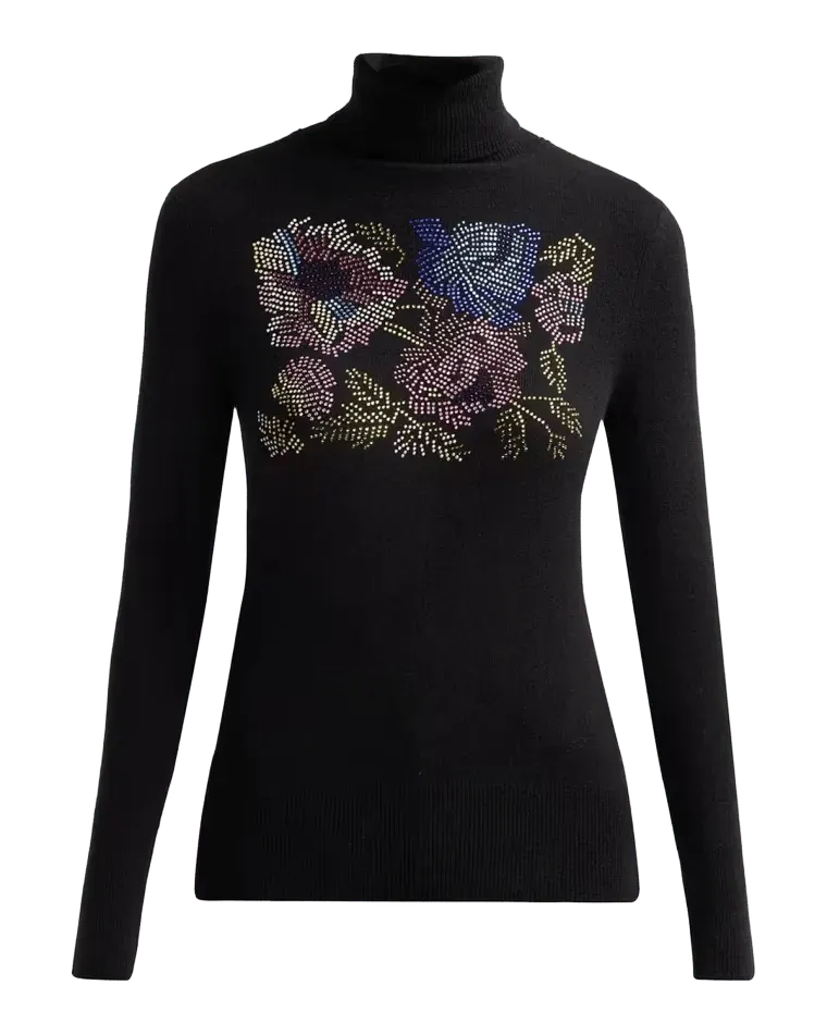 Mosaic Floral Embellished Cashmere Turtleneck Sweater