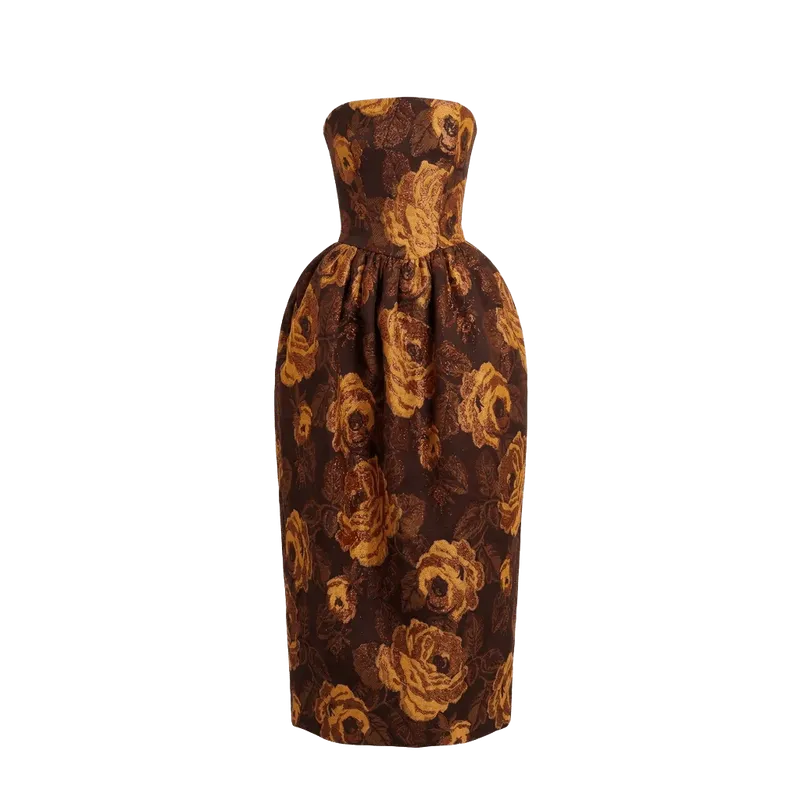 Swan Dress in Bronze Floral Brocade