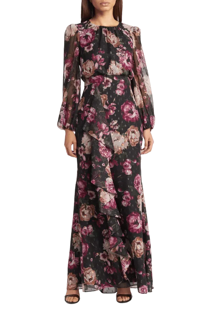 Floral Metallic Long Sleeve Maxi Dress