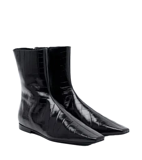 Croc-effect leather ankle boots