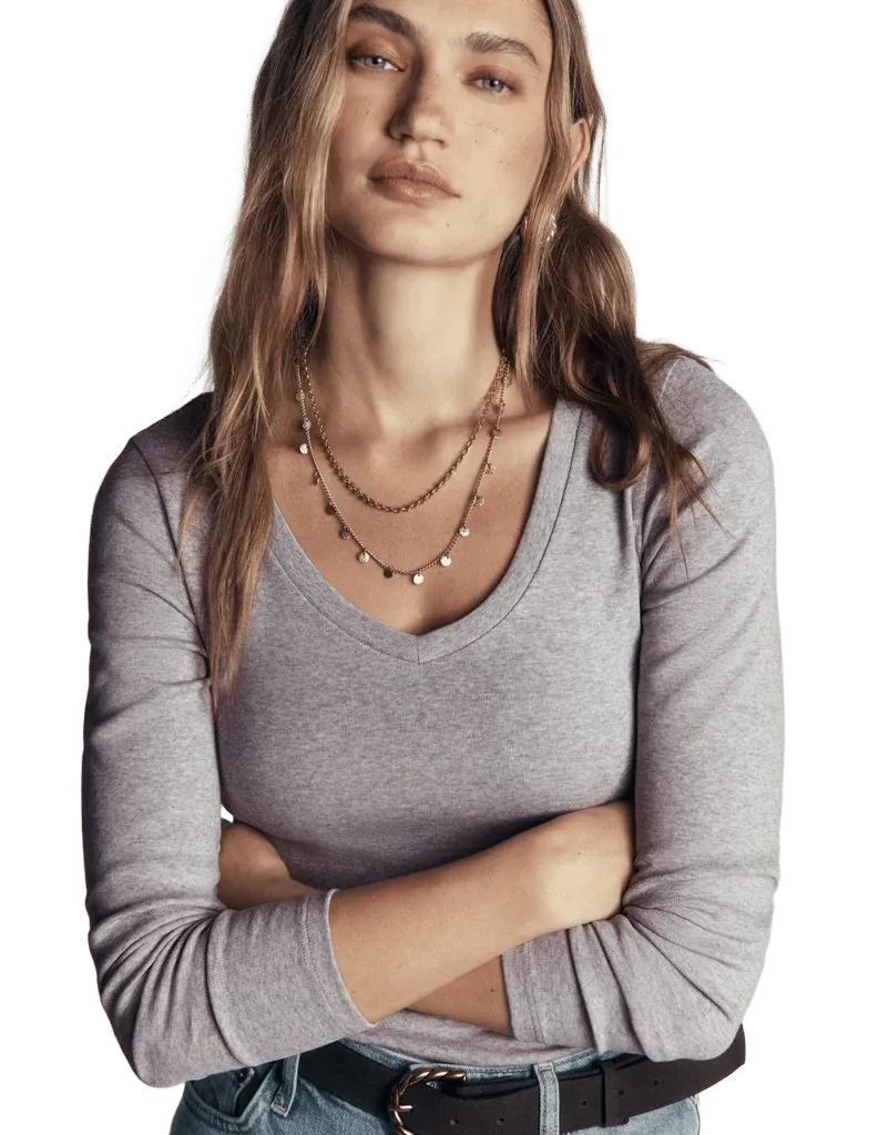 Essential V Neck Top-Grey Marl