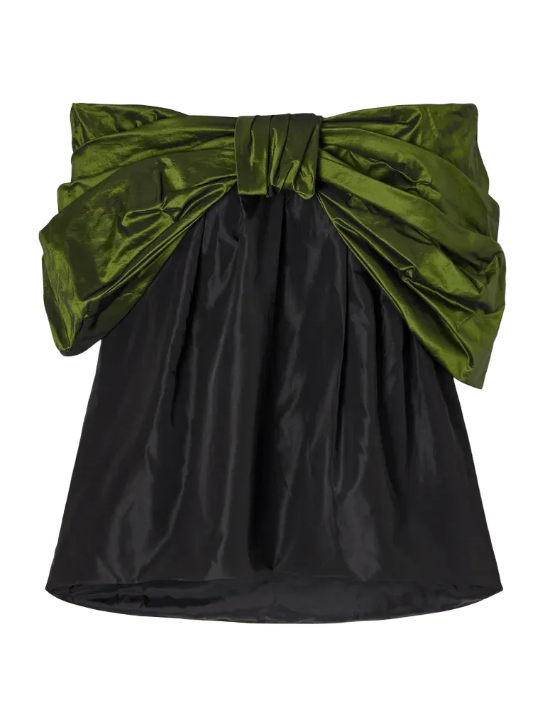 Bow-detailed gathered taffeta blouse