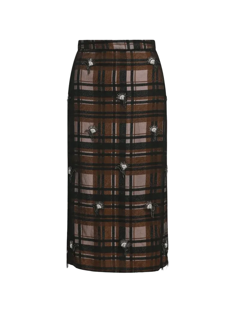 Kate checked floral-embellished midi skirt