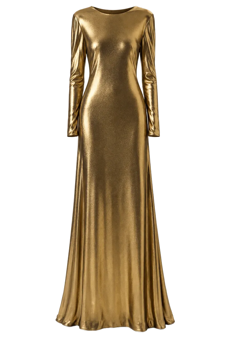 Metallic Long Sleeve Twist Back Jersey Gown