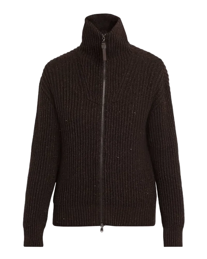 Shimmering Cashmere-Wool Rib Zip Cardigan