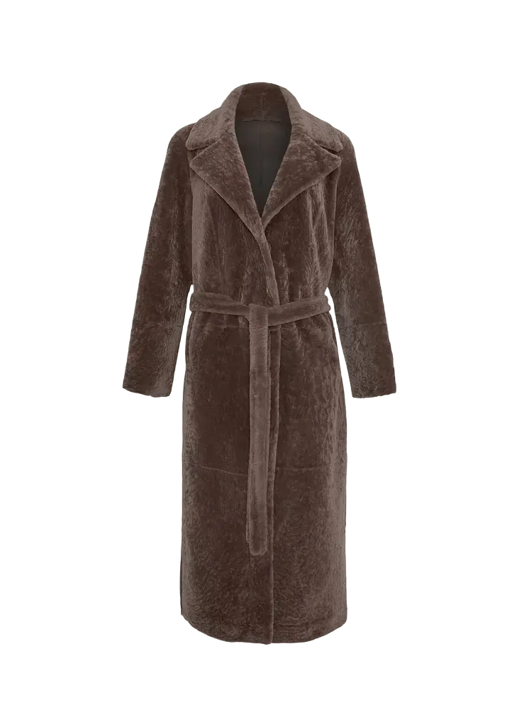 Textured Shearling Lamb Long Wrap Coat