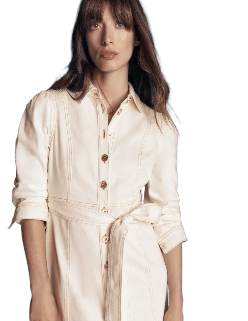 Belted Denim Midi Dress-Ecru Denim