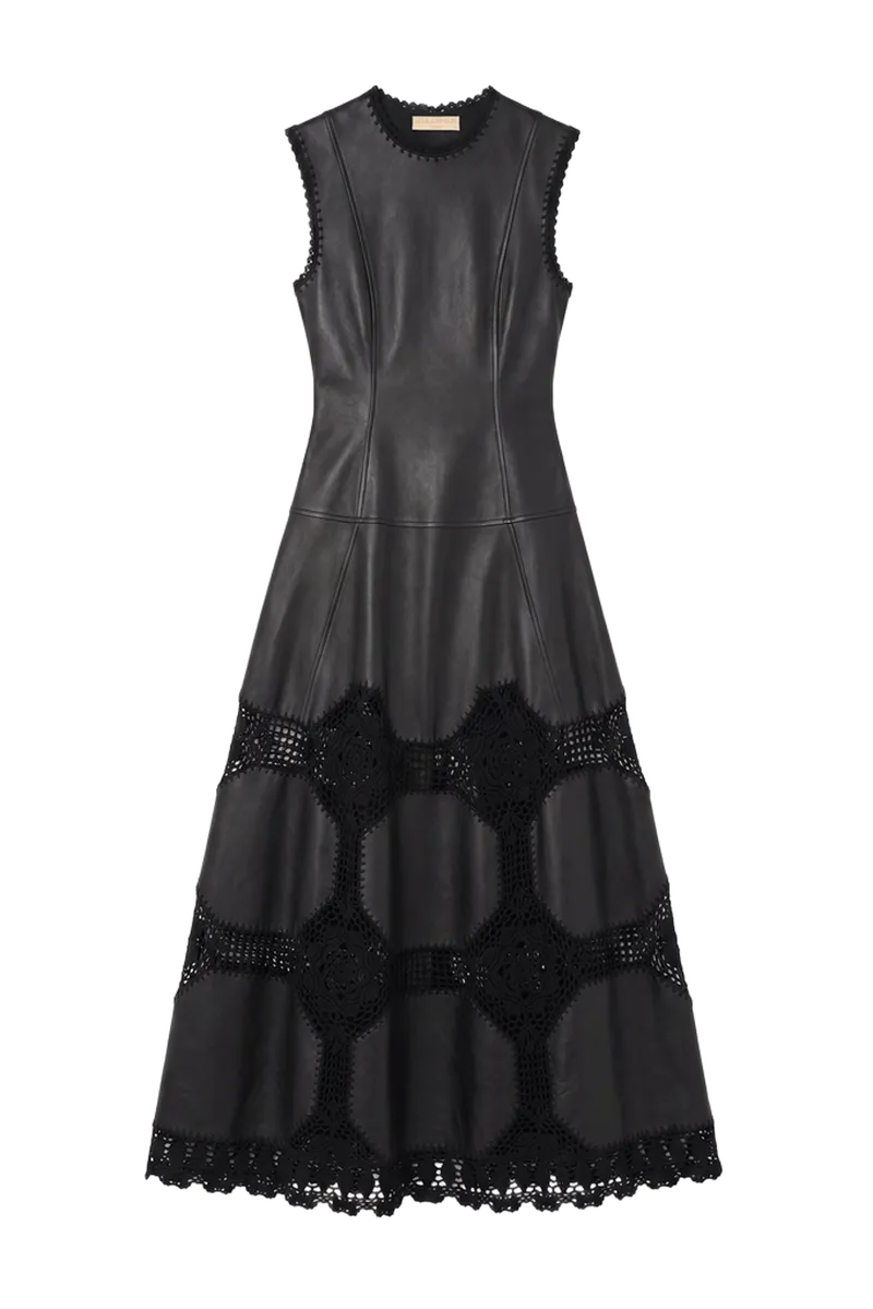 Ilana Sleeveless Crochet & Leather Dress - Noir