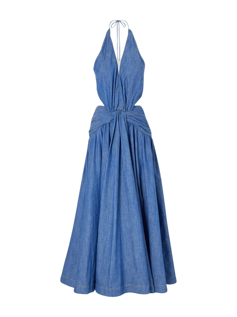 Gathered denim halterneck maxi dress