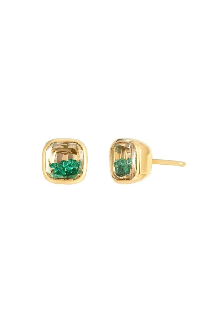 18k Yellow Gold Neue Cushion Stud Earrings Emerald