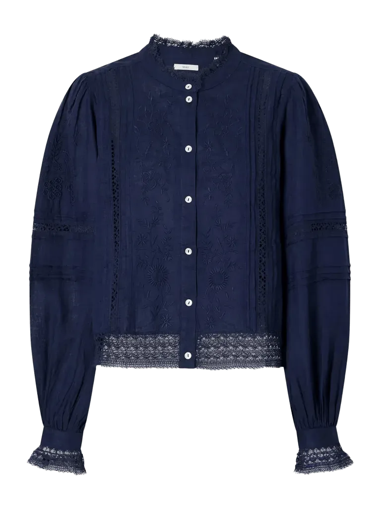 Velina gathered floral-embroidered lace-trimmed linen-twill blouse