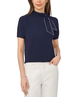 Women's Short-Sleeve Mock-Neck Scarf-Tie-Neck Sweater
