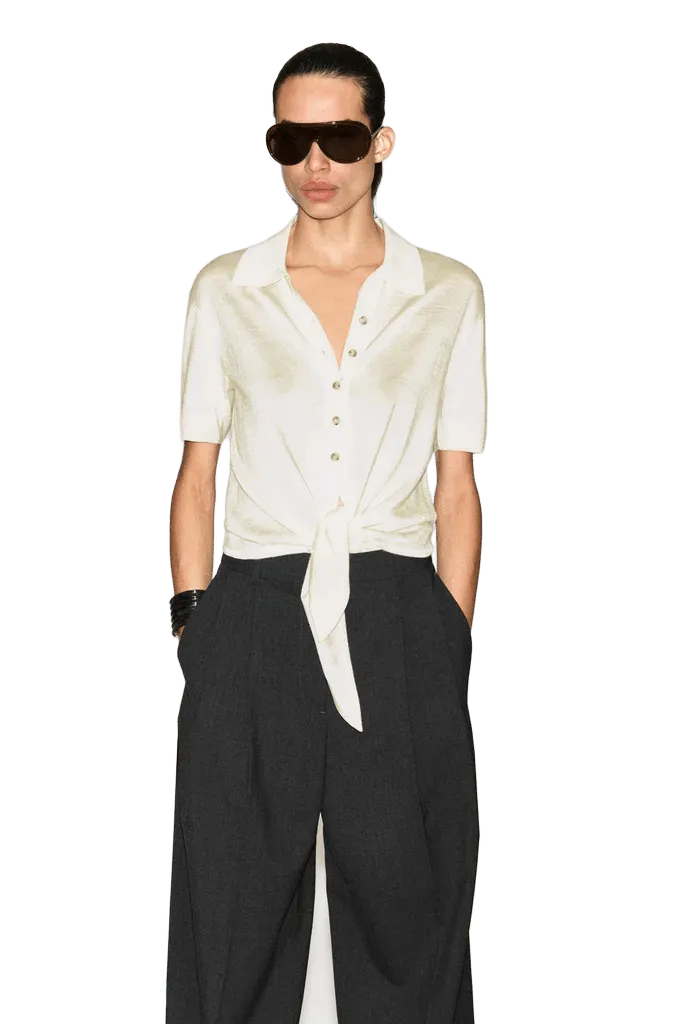 TIE-FRONT KNITTED WOOL SHIRT