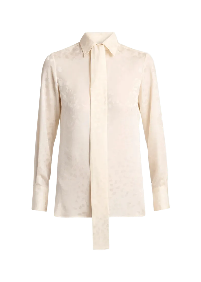 Neck-Tie Silk Jacquard Button-Down Blouse