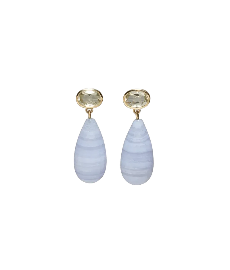 14k Gold Drop Earrings in Green Amethyst & Blue Lace Agate